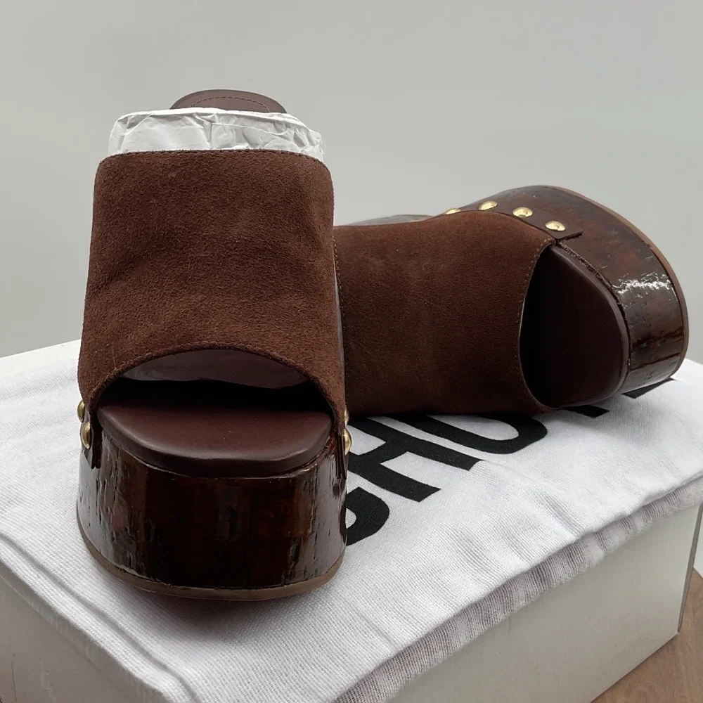 Schutz Brown Suede Platform Wedge Mules Studded Wood Grain Sandals Womens